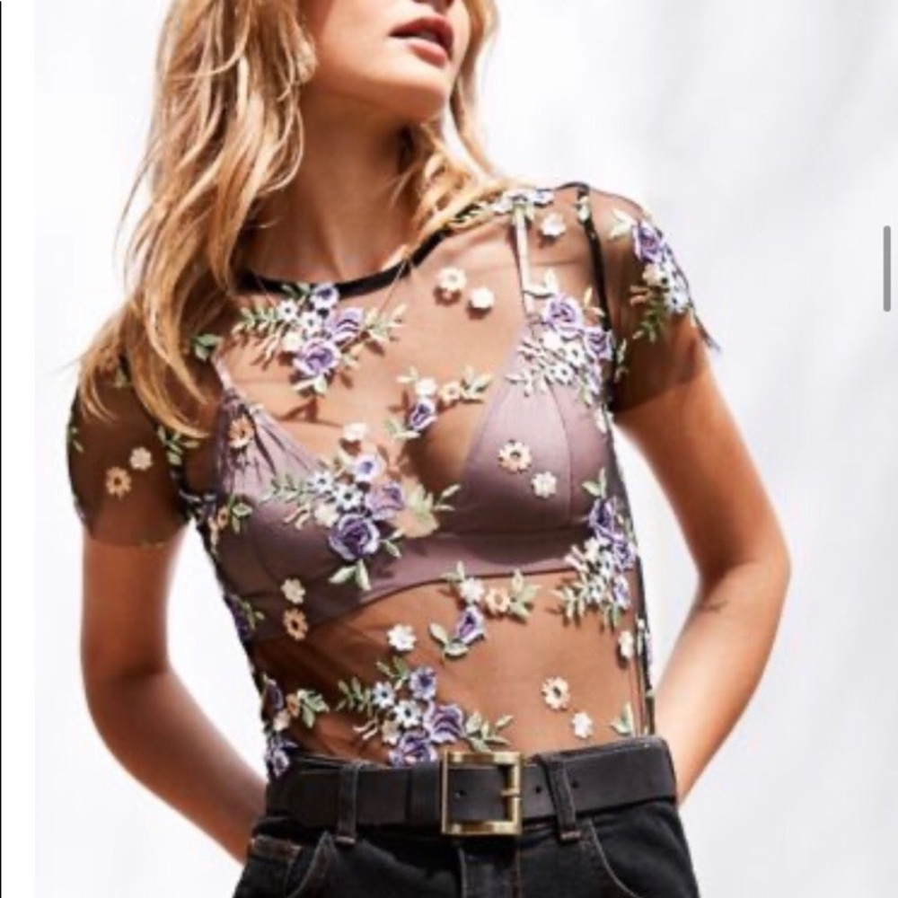 UO sheer floral embroidered crop top